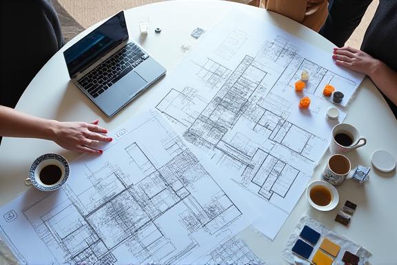 Architectural blueprints and lighting swatches on a table.